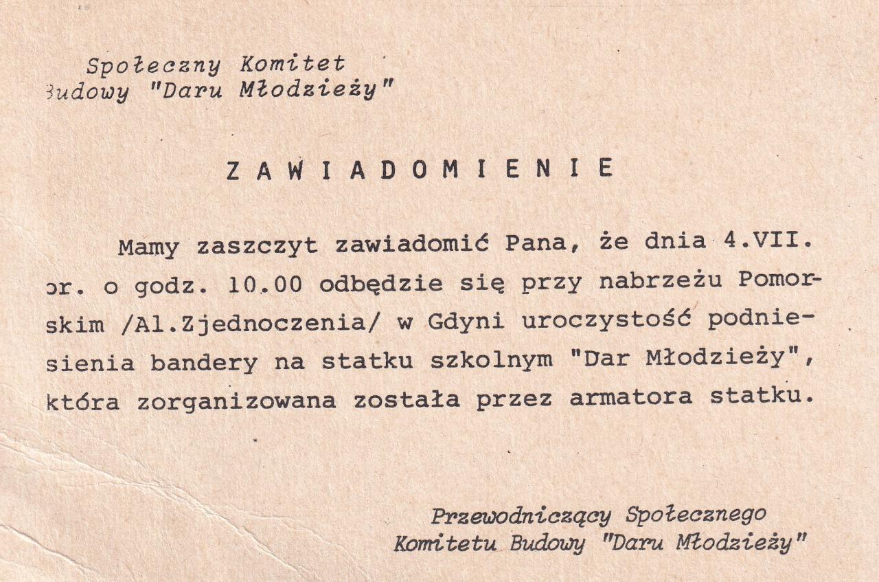Zawiadomienie o podniesieniu bandery na \"Darze Młodzieży\" 4 lipca 1982 roku