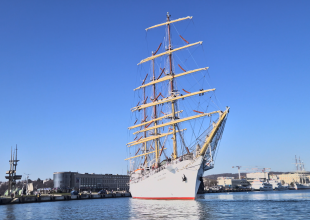 Dar Młodzieży wpływający do portu w Gdyni 