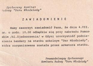 Zawiadomienie o podniesieniu bandery na \"Darze Młodzieży\" 4 lipca 1982 roku