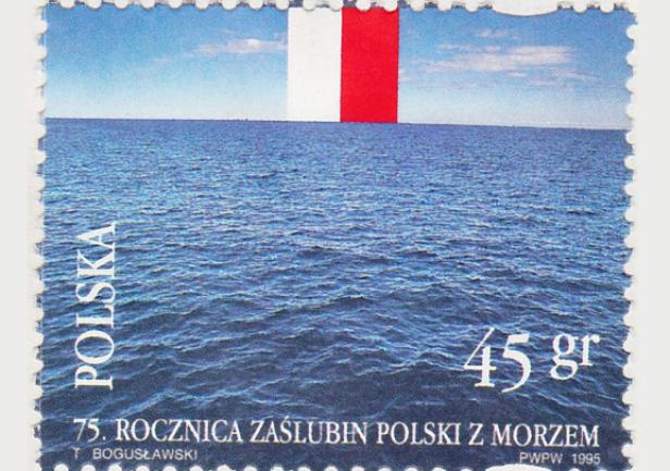 Znaczek emitowany z okazji 75. rocznicy zaślubin Polski z morzem. W zbiorach ST. Znaczek emitowany z okazji 75. rocznicy zaślubin Polski z morzem. W zbiorach ST.